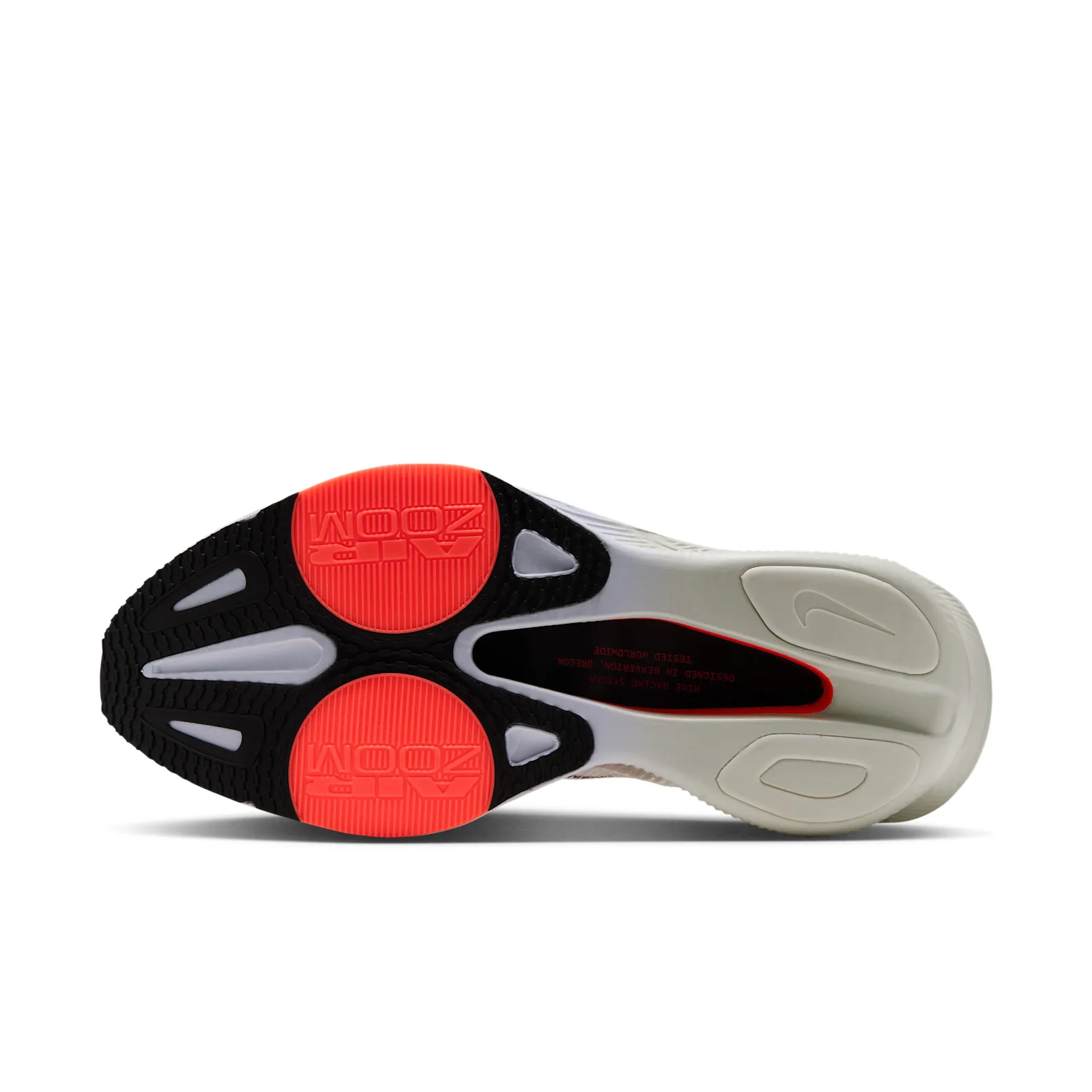 outsole view, black rubber tread with crimson circular pods reading 'air zoom', Nike AlphaFly 4