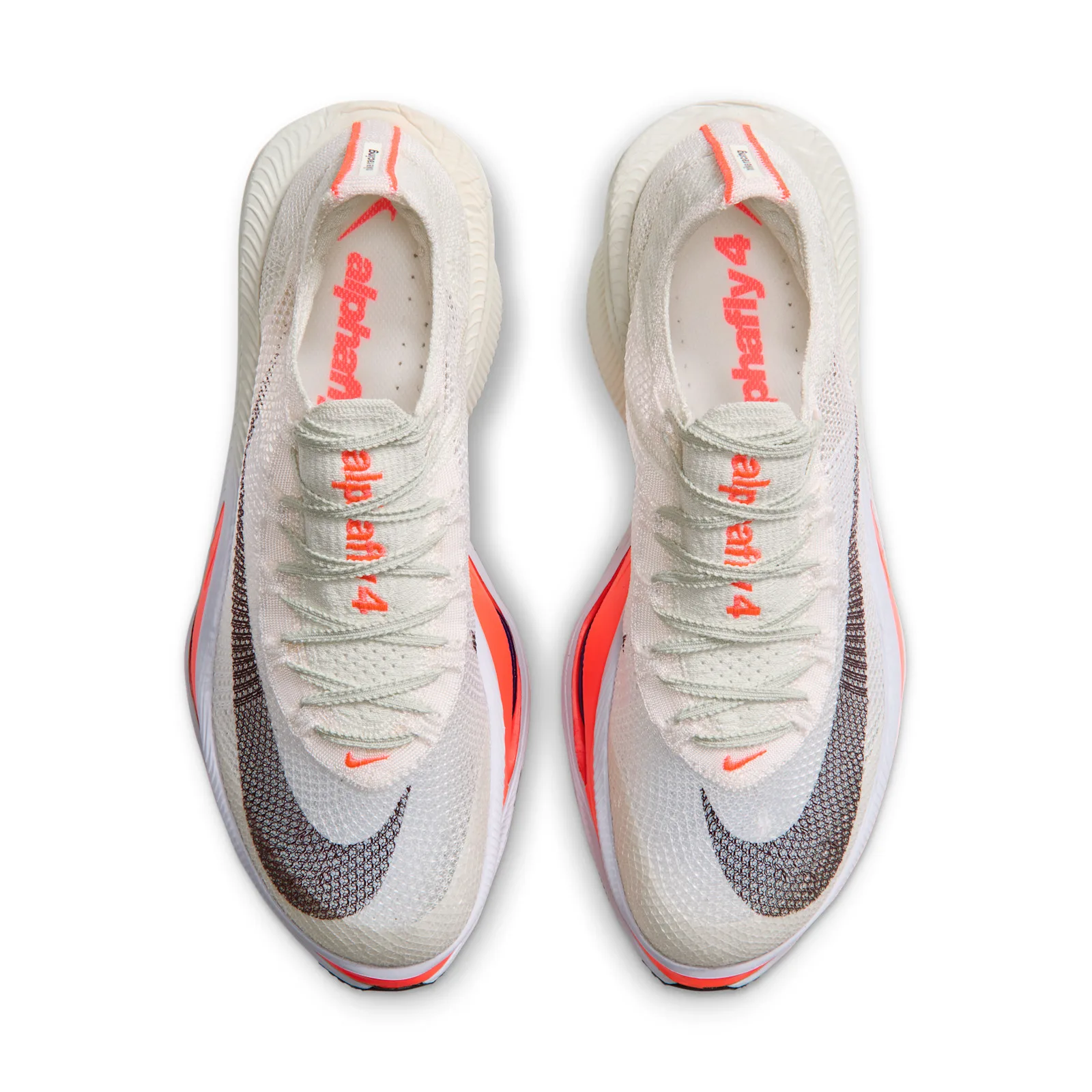 top-down pair view, orange 'alphafly 4' text on tongue, black Swoosh, crimson trim, Nike AlphaFly 4