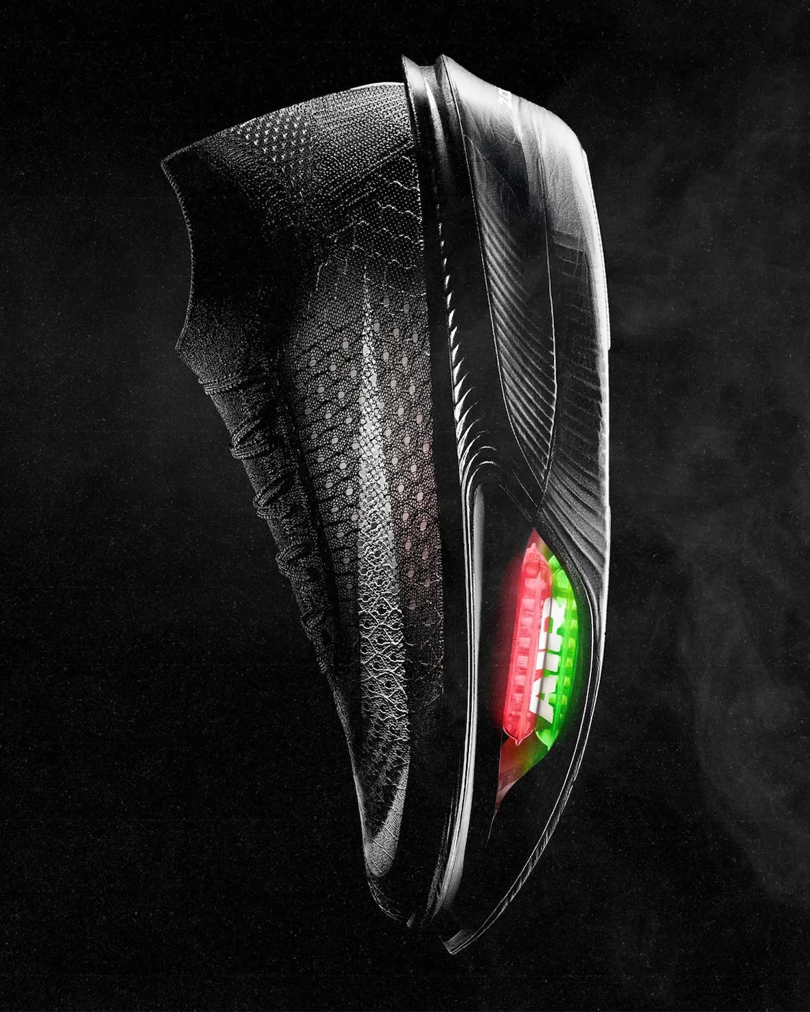 floating lateral view on black background, red-green air unit visible in heel, Nike Apex
