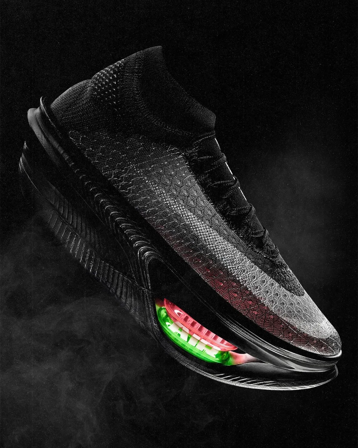 lateral view with smoke effect, red and green air unit glowing in black heel, Nike Apex