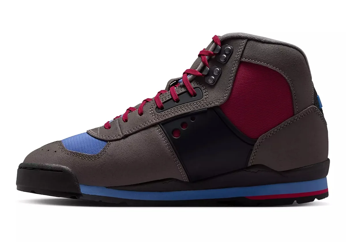 lateral view, grey suede boot with pink side panel and blue toe overlay, Cave Stone/Mystic Hibiscus