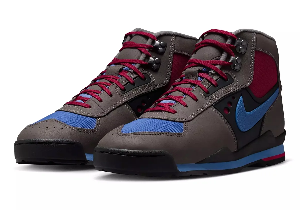 three-quarter view of pair, grey suede with pink panels and blue lace loops, Cave Stone/Mystic Hibiscus