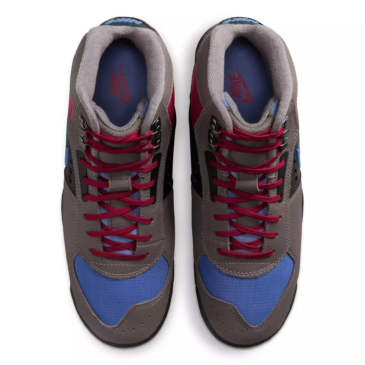 top-down view of laced pair, dark red laces crossed over blue tongue lining, Cave Stone/Mystic Hibiscus