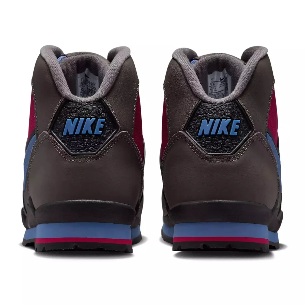heel view of pair, grey suede with textured Nike logo tab and pink side panels, Nike Baltoro "Cave Stone/Mystic Hibiscus"