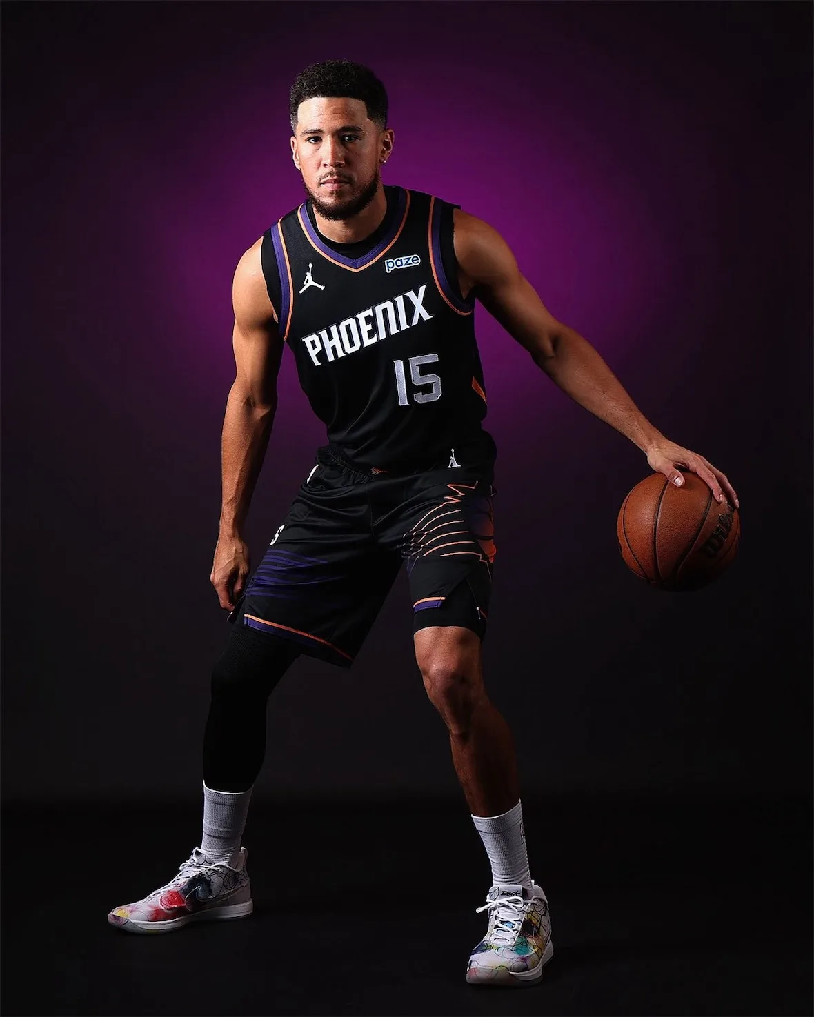 on-foot full body, white shoes with colourful scribble graphics on purple backdrop, 2 x Futura
