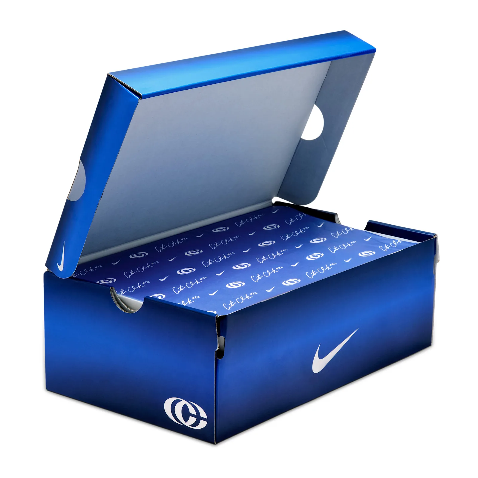 open shoebox, blue tissue paper printed with logo and signature pattern, Racer Blue/Pink