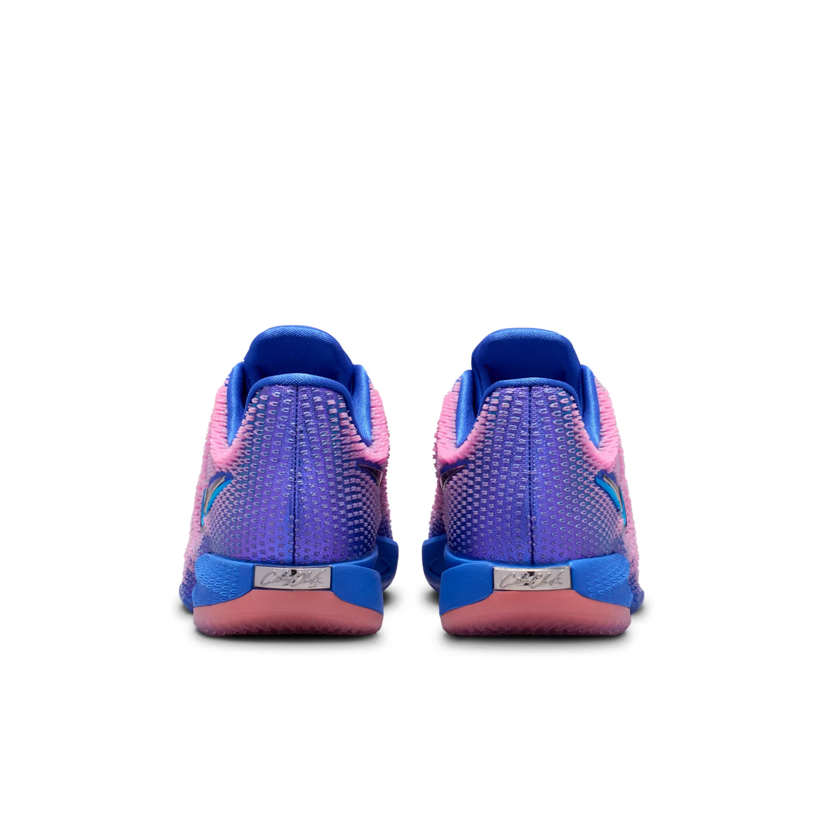 heel view of pair, purple knit fading to pink collar and blue heel tab, Racer Blue/Pink