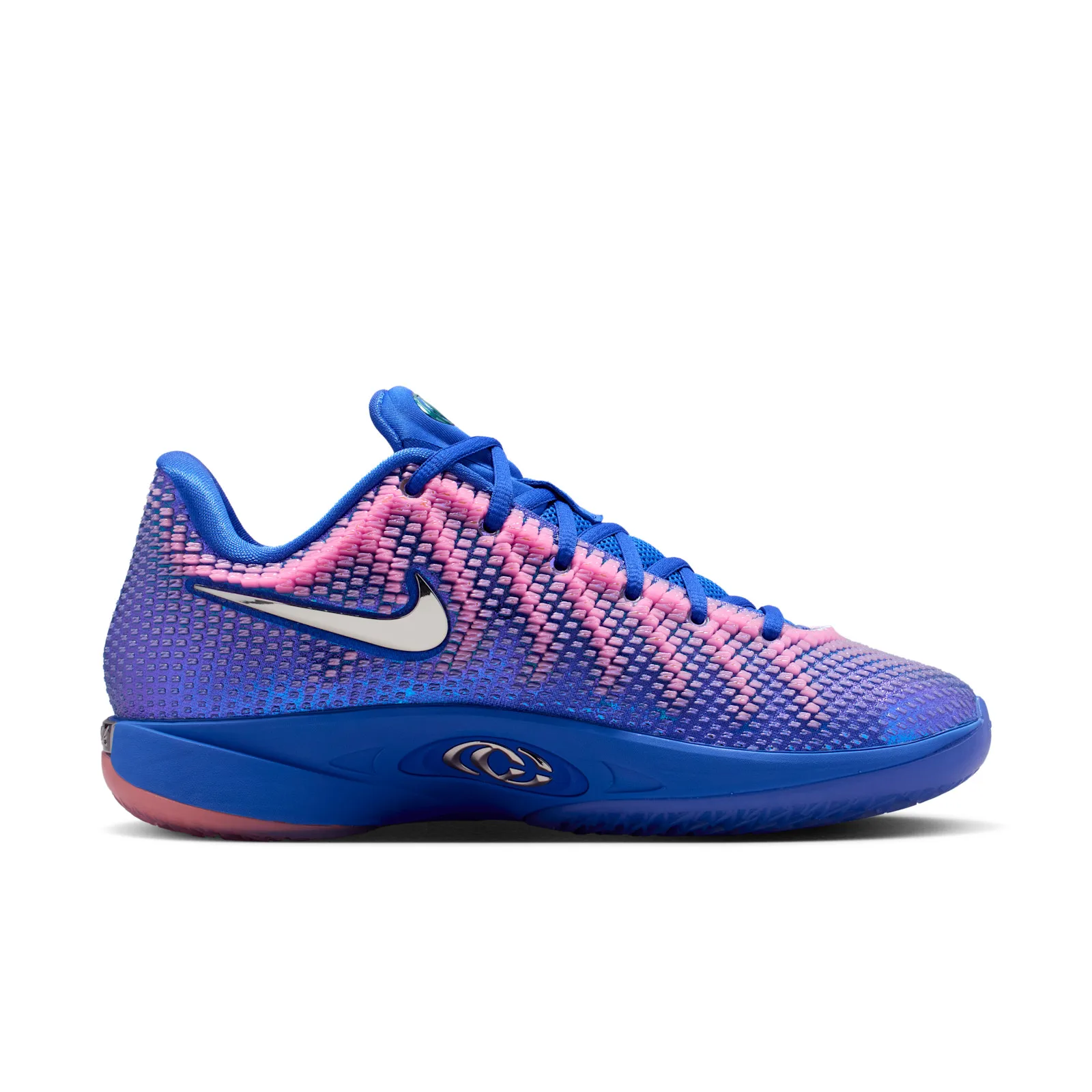 lateral view, blue laces and pink-purple knit with teal heel tab, Racer Blue/Pink