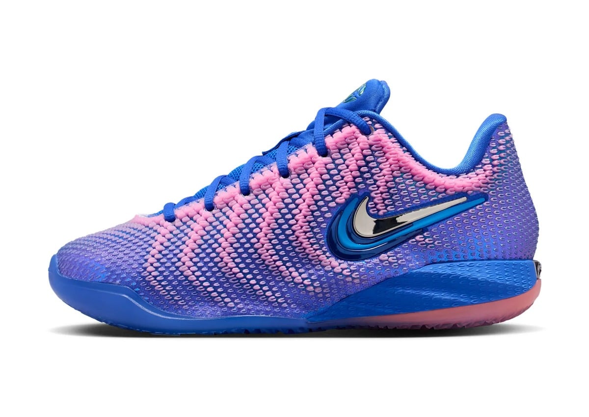 lateral view, blue-to-pink knit upper with chrome swoosh, Nike Caitlin 1 “Racer Blue/Pink”
