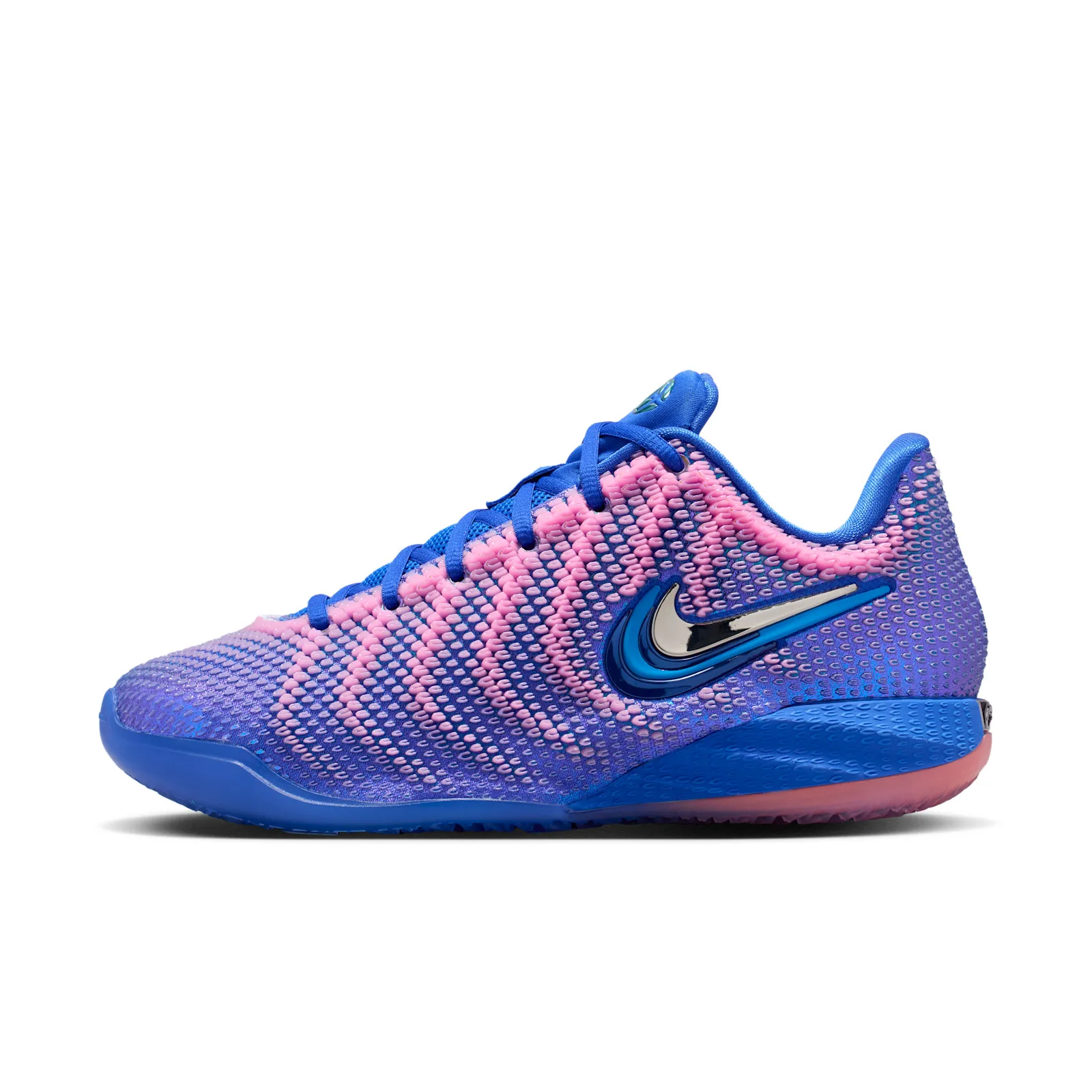 lateral view, wider crop of blue laces and pink knit upper, Racer Blue/Pink