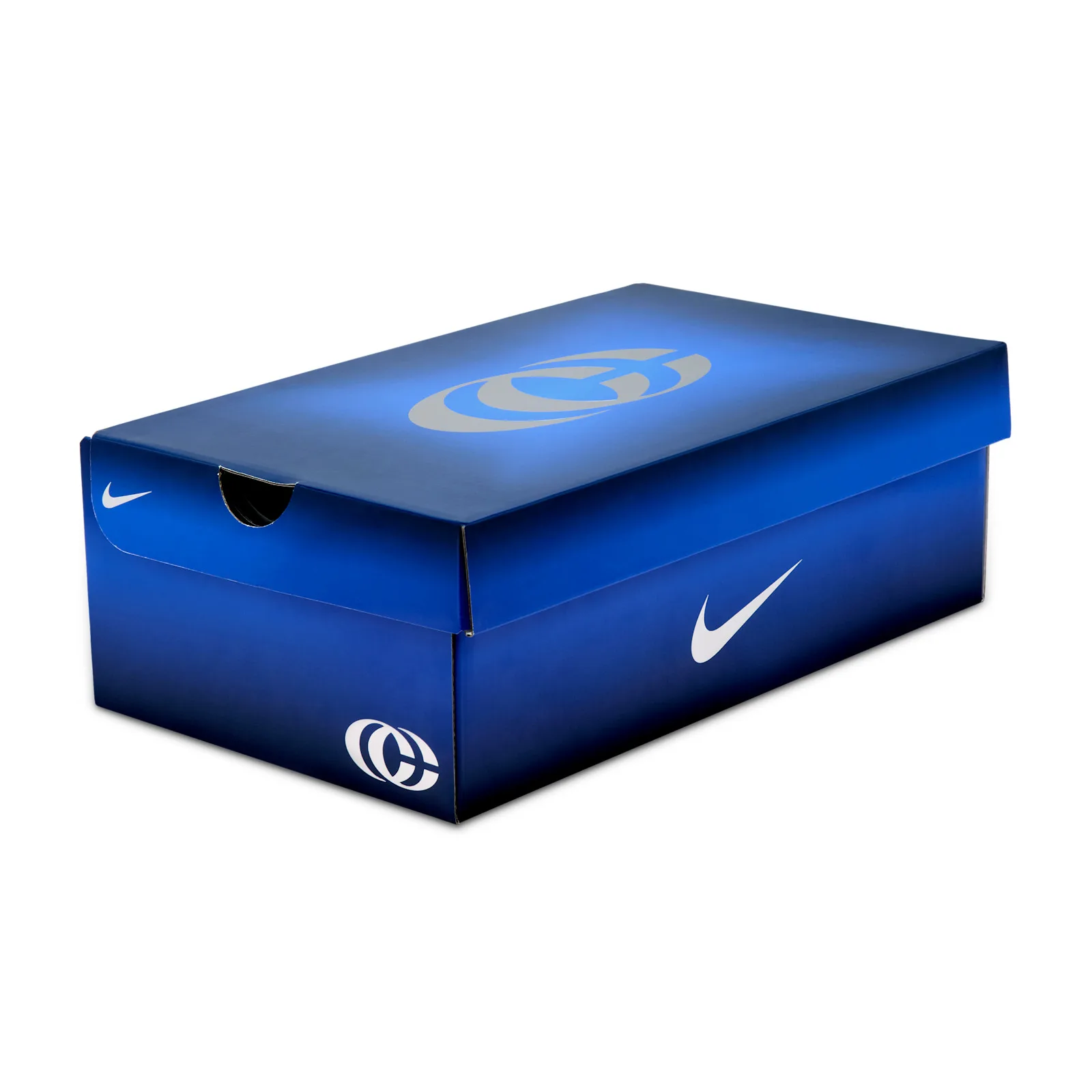 closed shoebox, blue with circular logo graphic and Nike swoosh, Racer Blue/Pink
