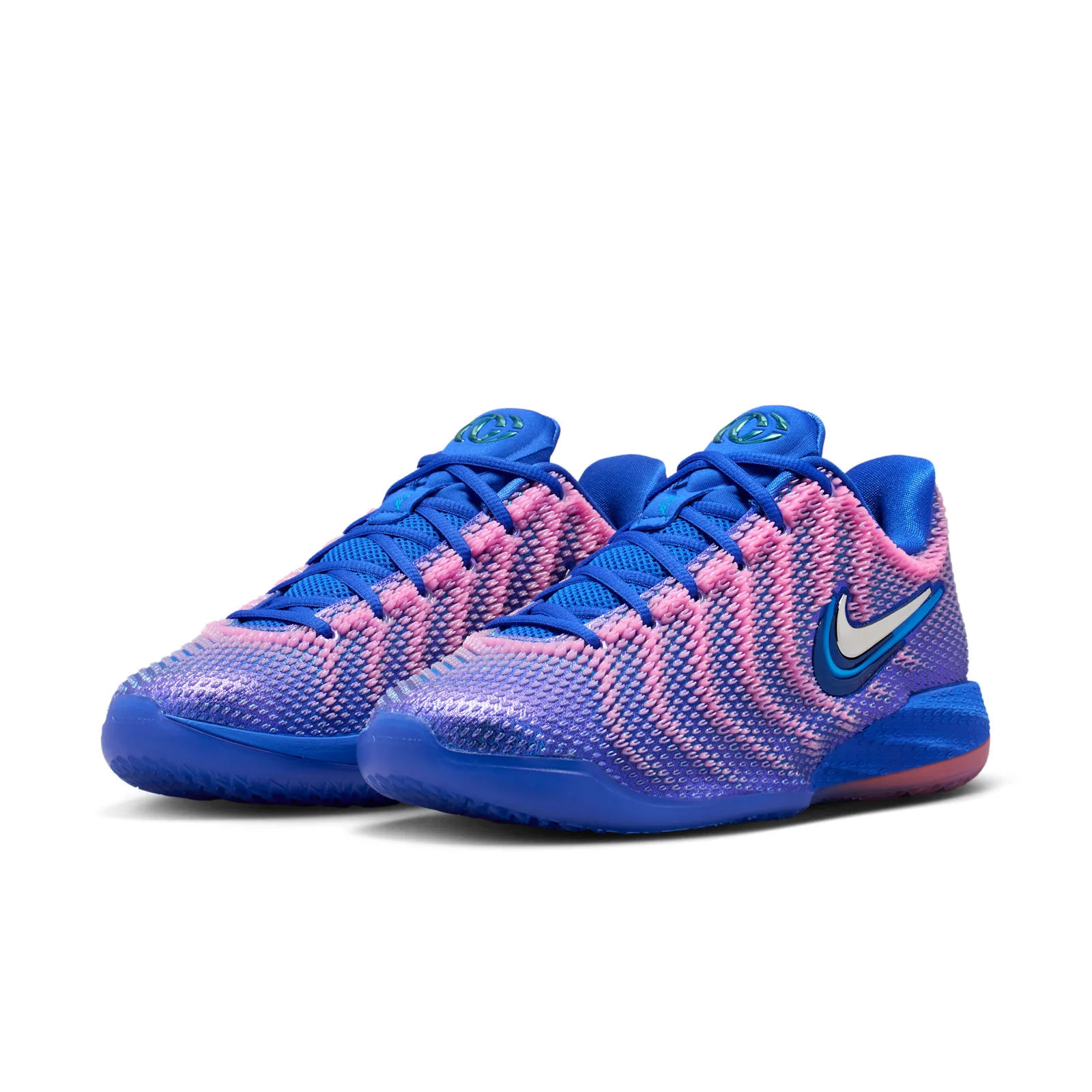 pair in three-quarter view, blue laces over pink-to-purple gradient knit, Racer Blue/Pink