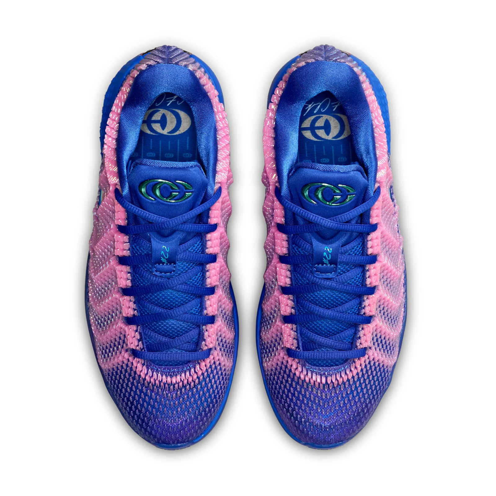 top-down view of pair, blue tongues with teal logo and pink lace trim, Racer Blue/Pink