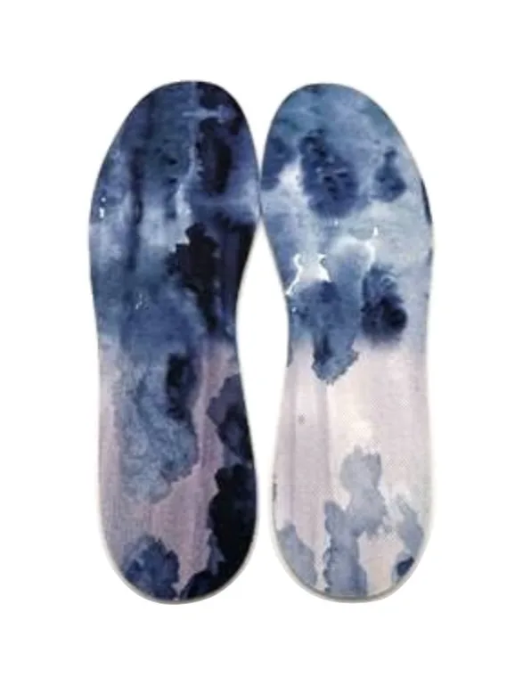 outsole view of pair, indigo and dusty pink watercolor-print insoles, Maestro 1