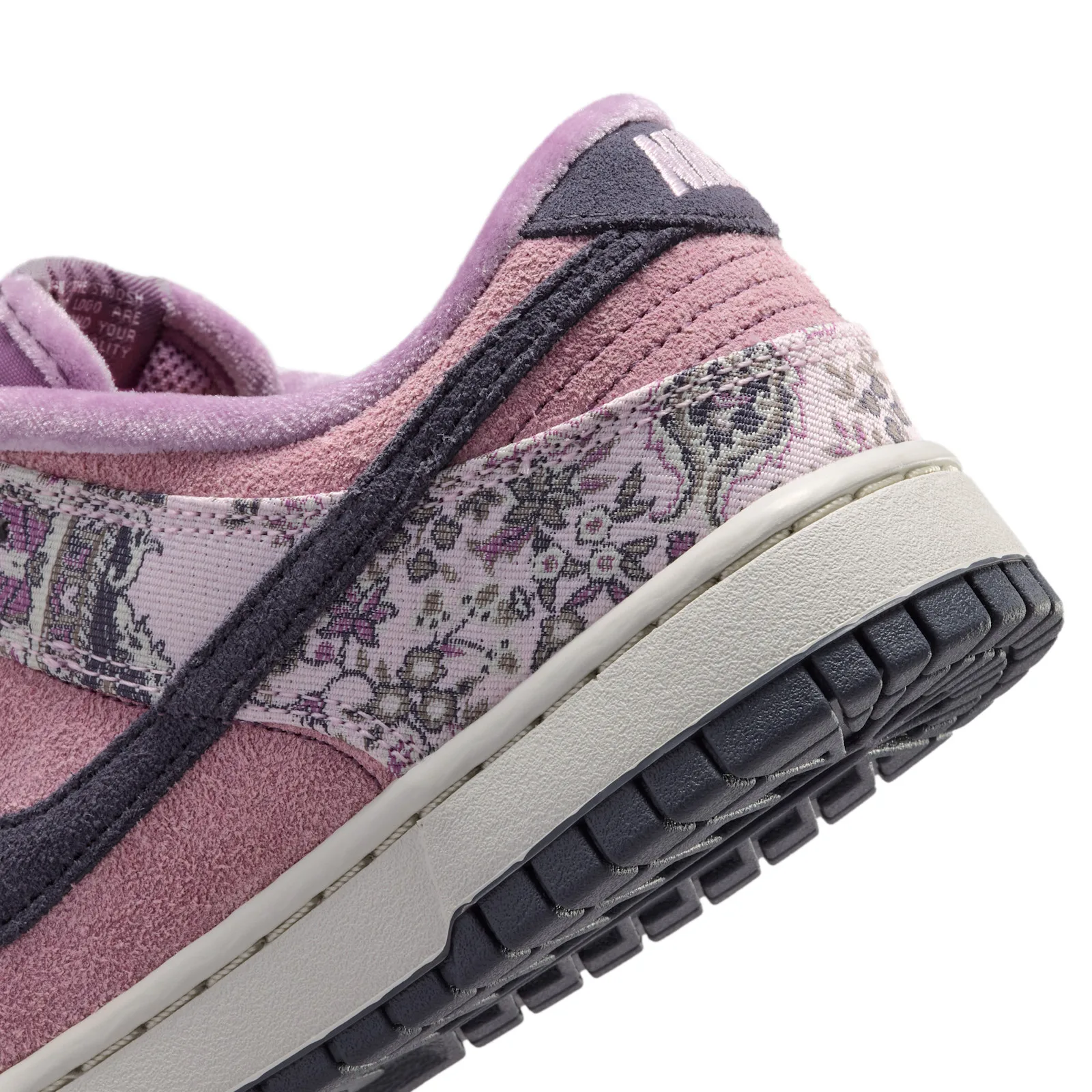 Close-up heel detail, pink suede and lilac floral jacquard fabric texture, Botanical Rug