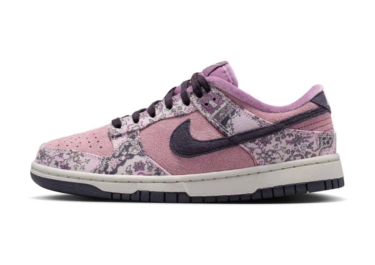 Lateral side view, pink suede toe with lilac floral jacquard overlay panels, Nike Dunk Low Premium "Botanical Rug"