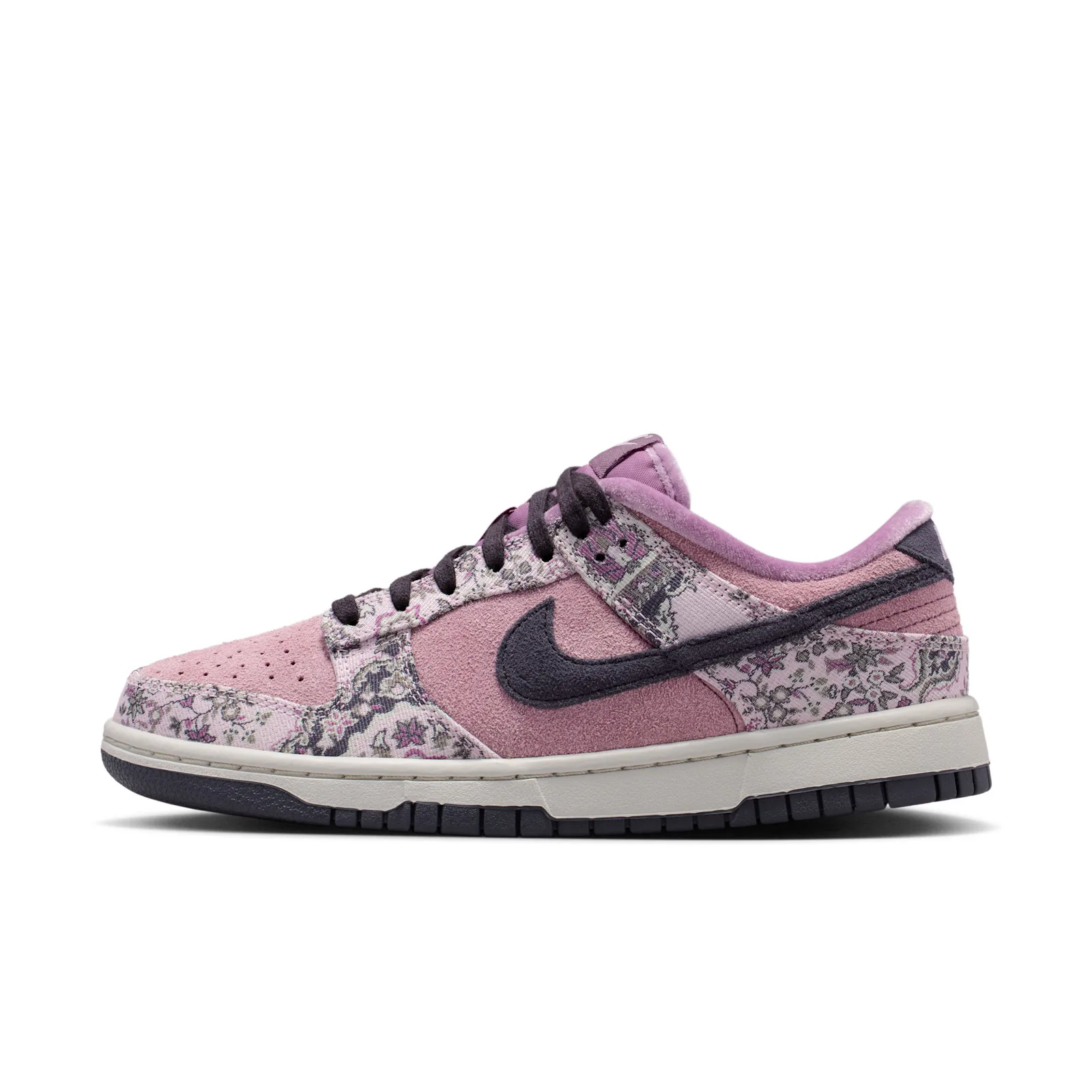 Lateral side view, dusty pink suede with grey-purple floral fabric panels, Botanical Rug