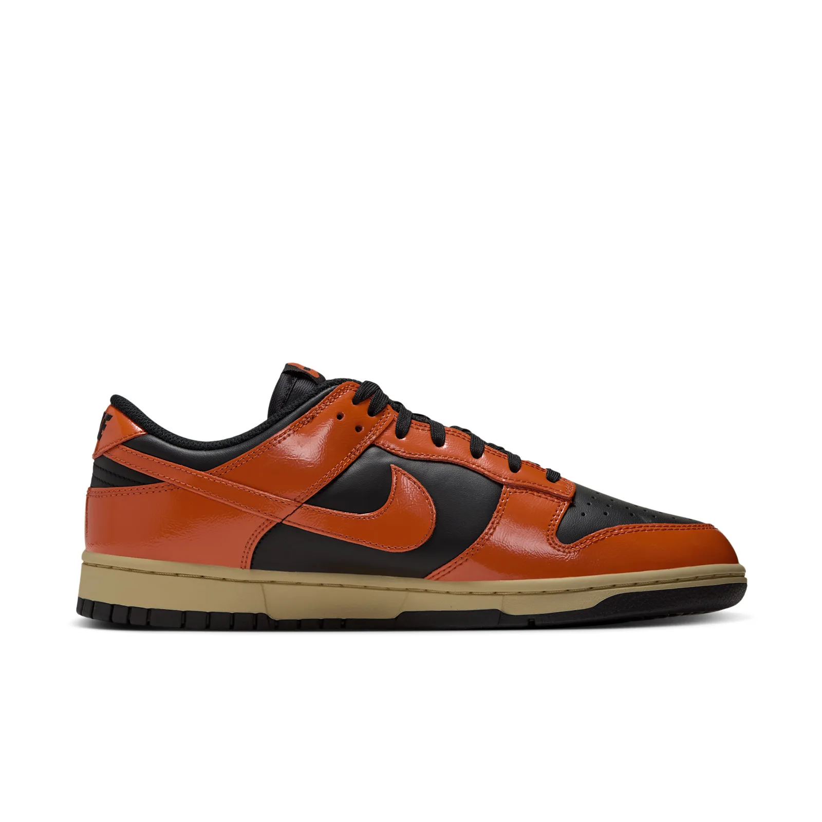 Lateral view on white background, orange overlays crossing black leather, tan sole, Campfire Orange