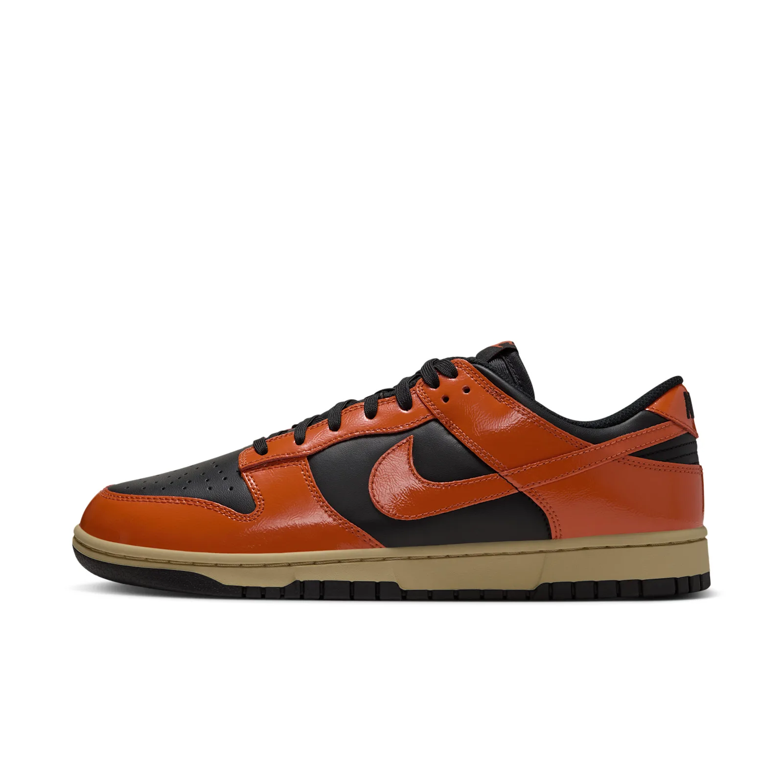 Lateral view on white background, orange swoosh over black leather, tan sole, Campfire Orange