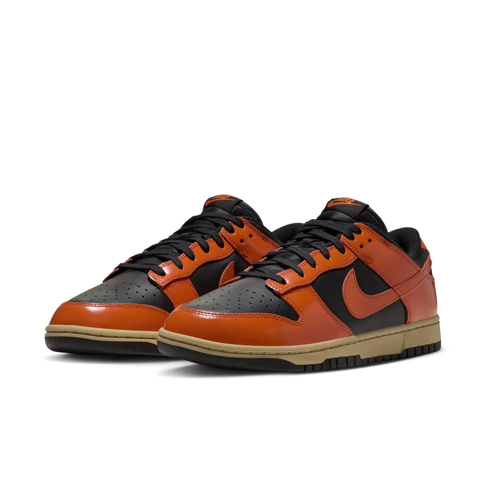 Front three-quarter pair view on white background, black and orange leather uppers, Campfire Orange