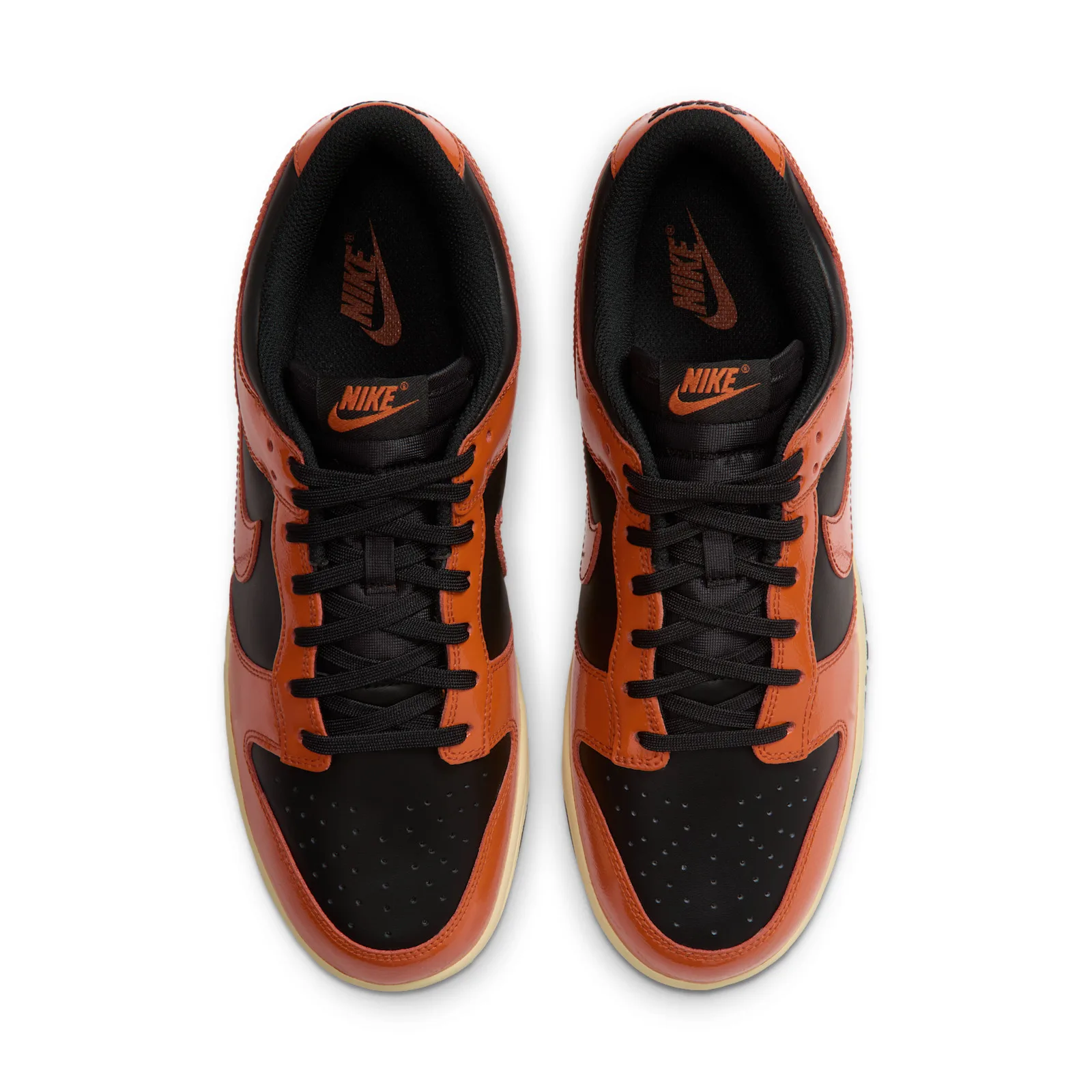Top-down view of pair on white background, black laces and orange eyestay, Campfire Orange