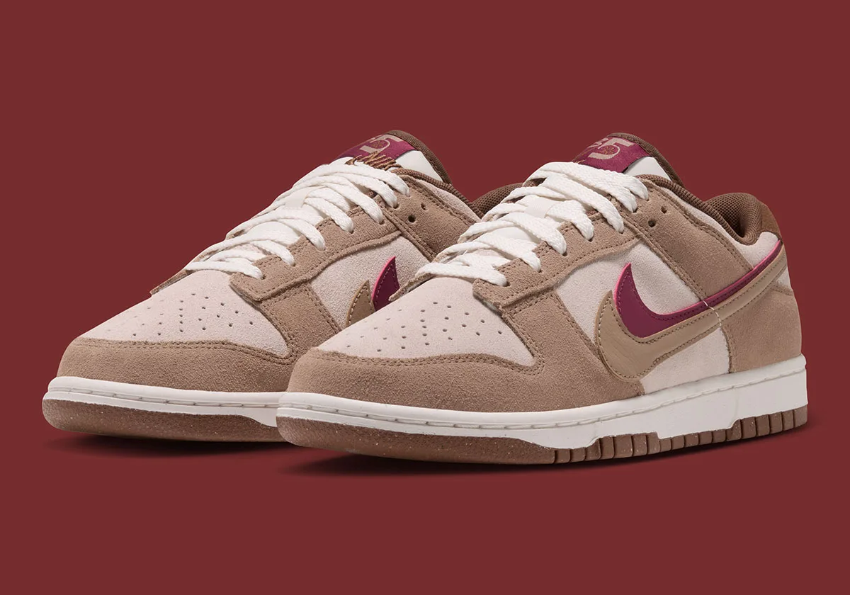 angled pair view, tan and cream suede with maroon swoosh and white laces, Double Swoosh