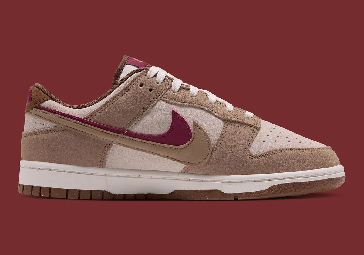 lateral view, cream and tan suede with maroon swoosh and brown outsole, Double Swoosh