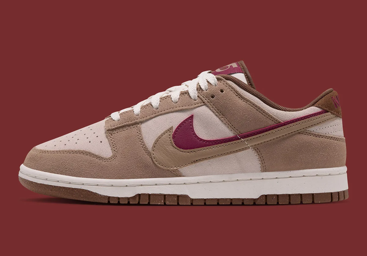 lateral view, tan and cream suede with maroon swoosh, brown heel tab, Double Swoosh