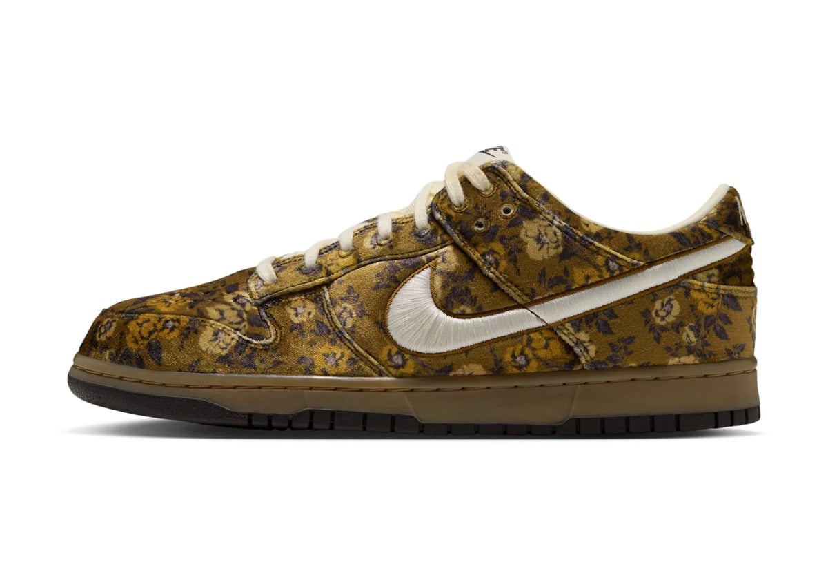 lateral view, gold floral velvet upper with cream swoosh and laces, Nike Dunk Low “Golden Hops/Velvet Brown”