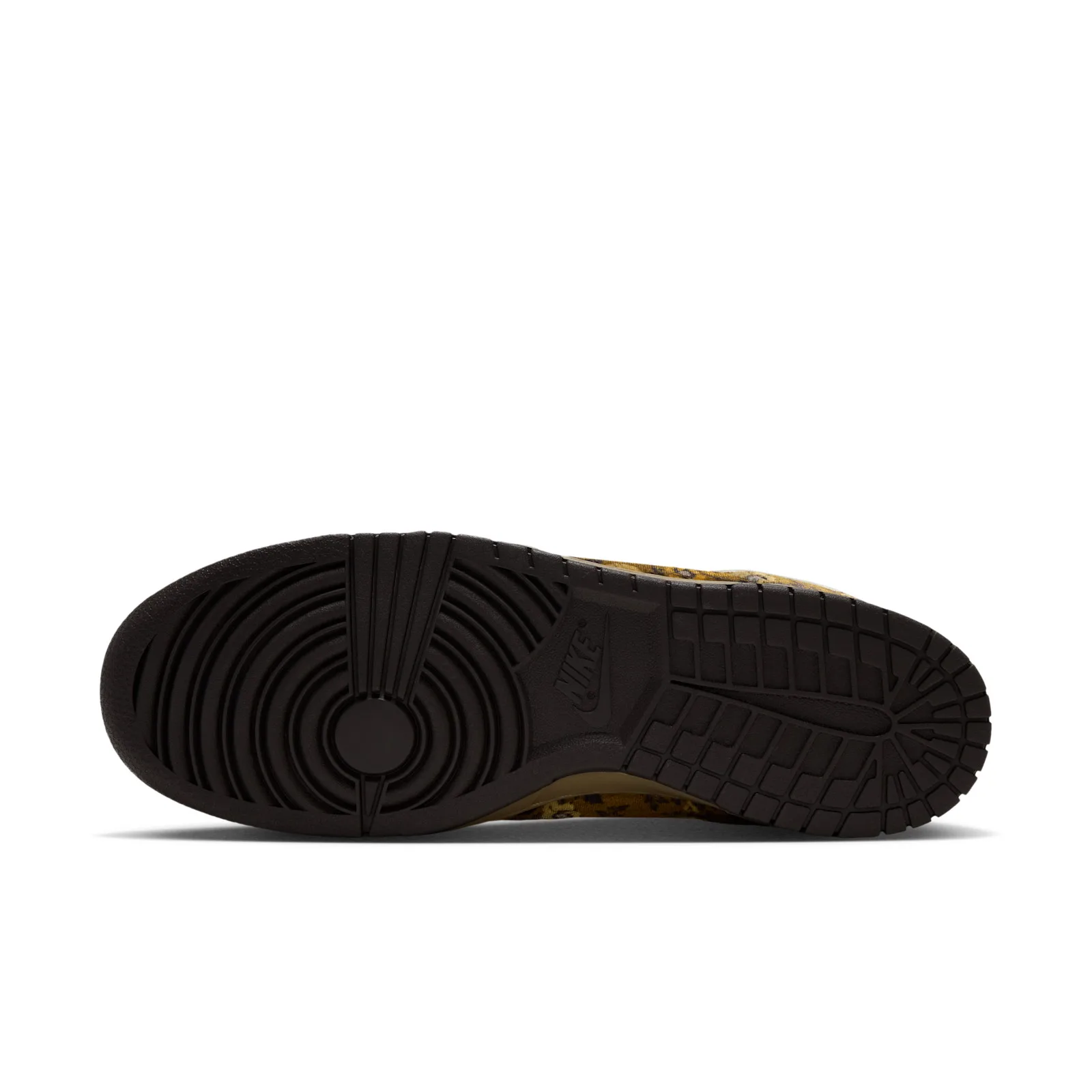 outsole view, dark brown tread pattern with Nike branding, Golden Hops/Velvet Brown
