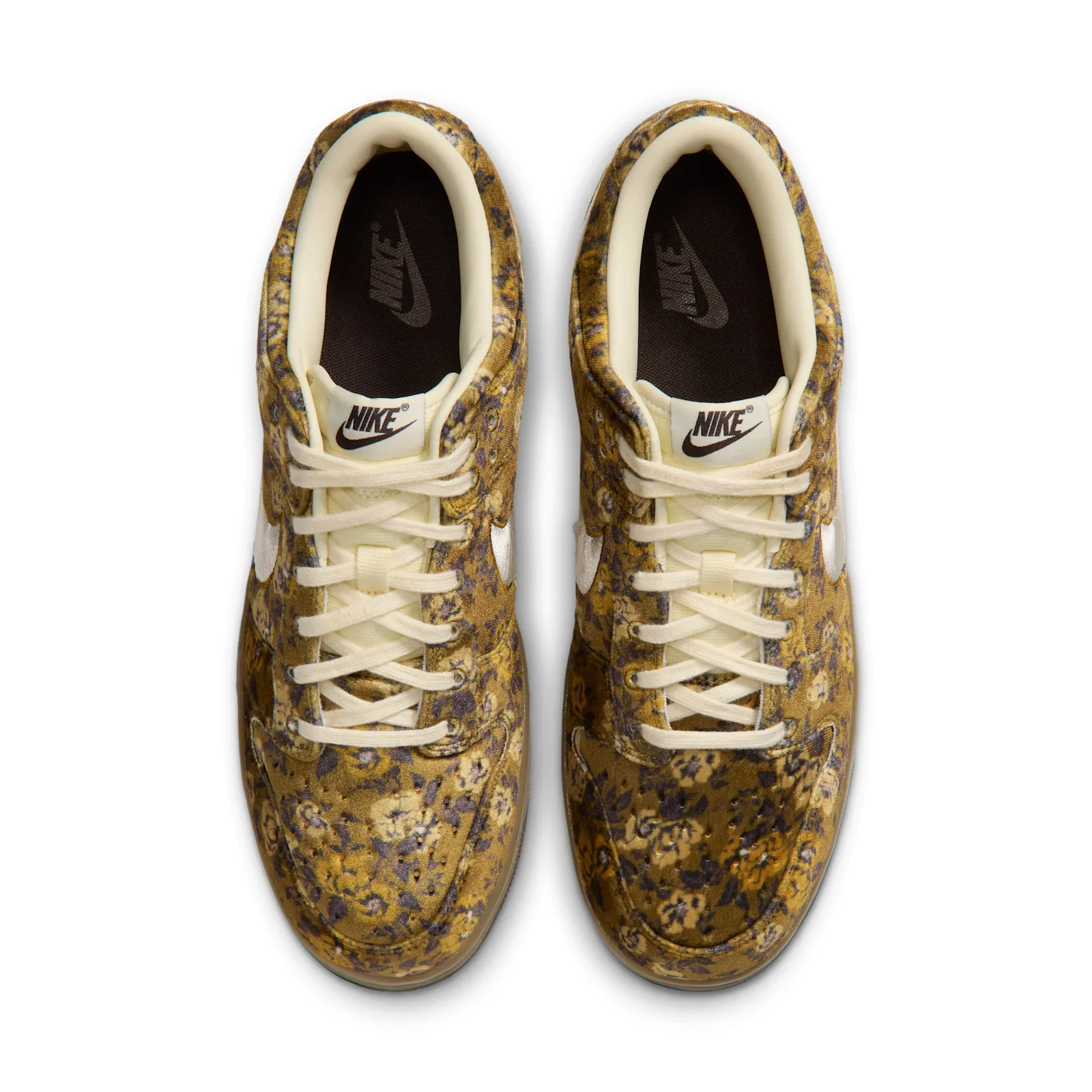 top-down pair, cream laces and Nike tongue tags, floral velvet upper, Golden Hops/Velvet Brown