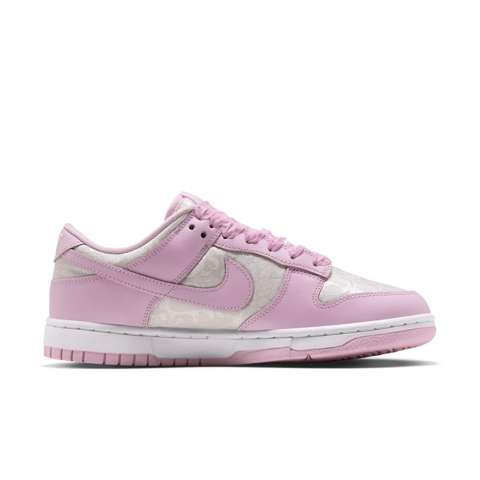 lateral view showing pink heel tab and floral jacquard side panels, Pink Foam