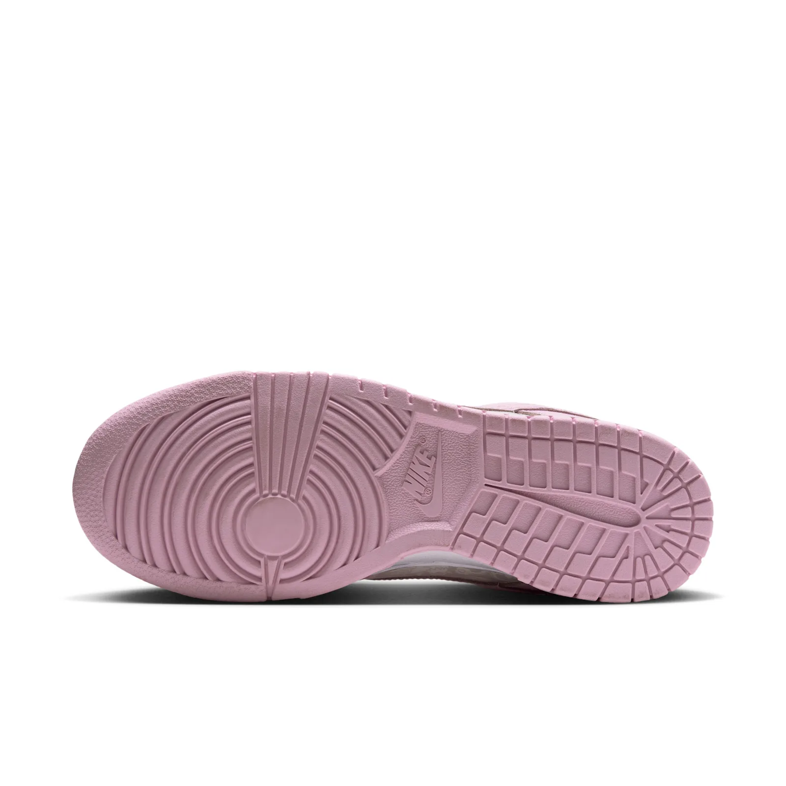 outsole view, pink rubber sole with textured tread and Nike logo, Pink Foam