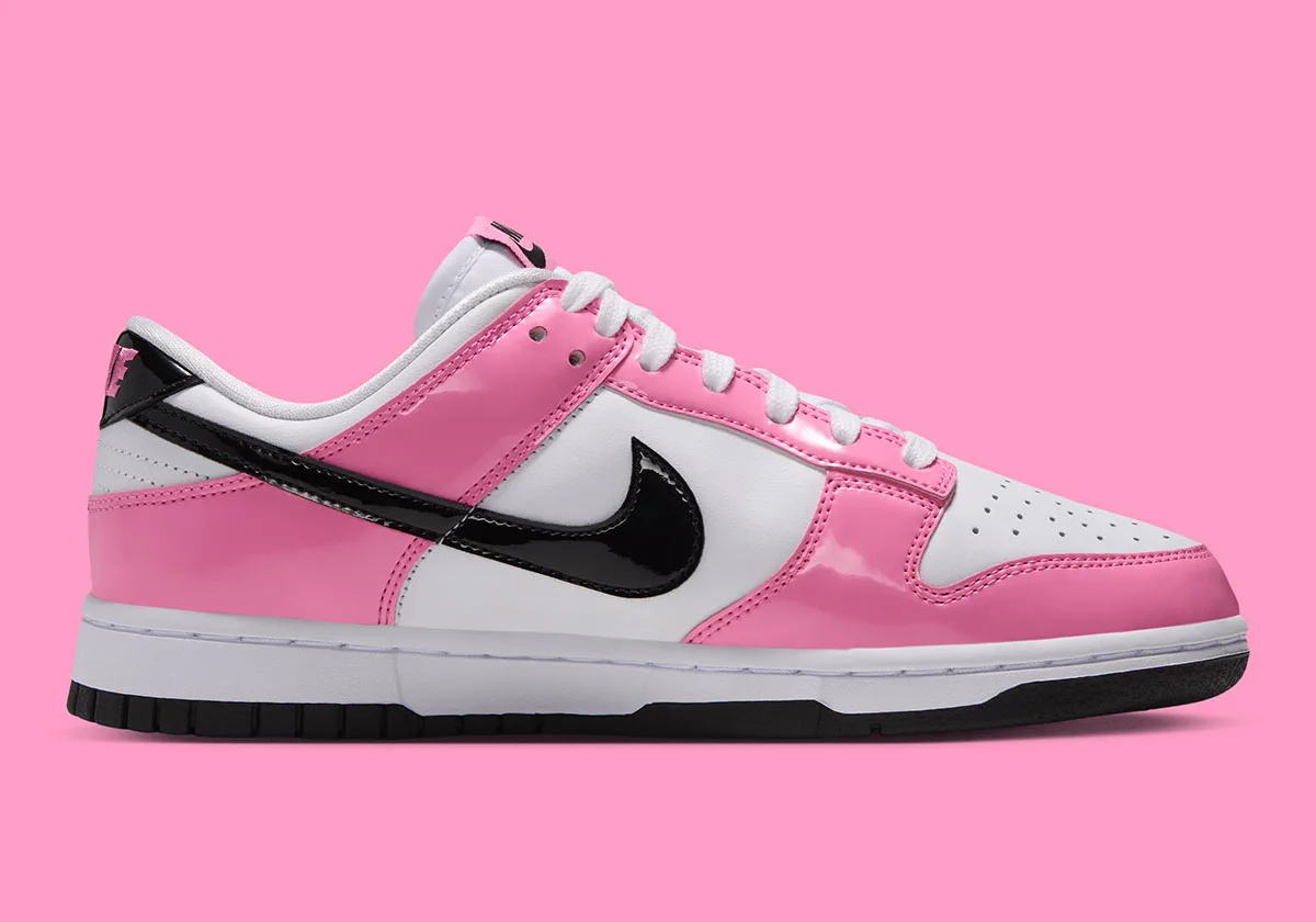 lateral view, white and pink patent leather with black patent swoosh, Pink Spell