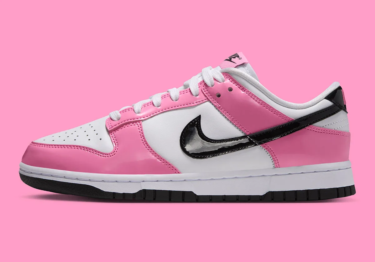 medial view, pink patent panels with black patent swoosh on white base, Pink Spell