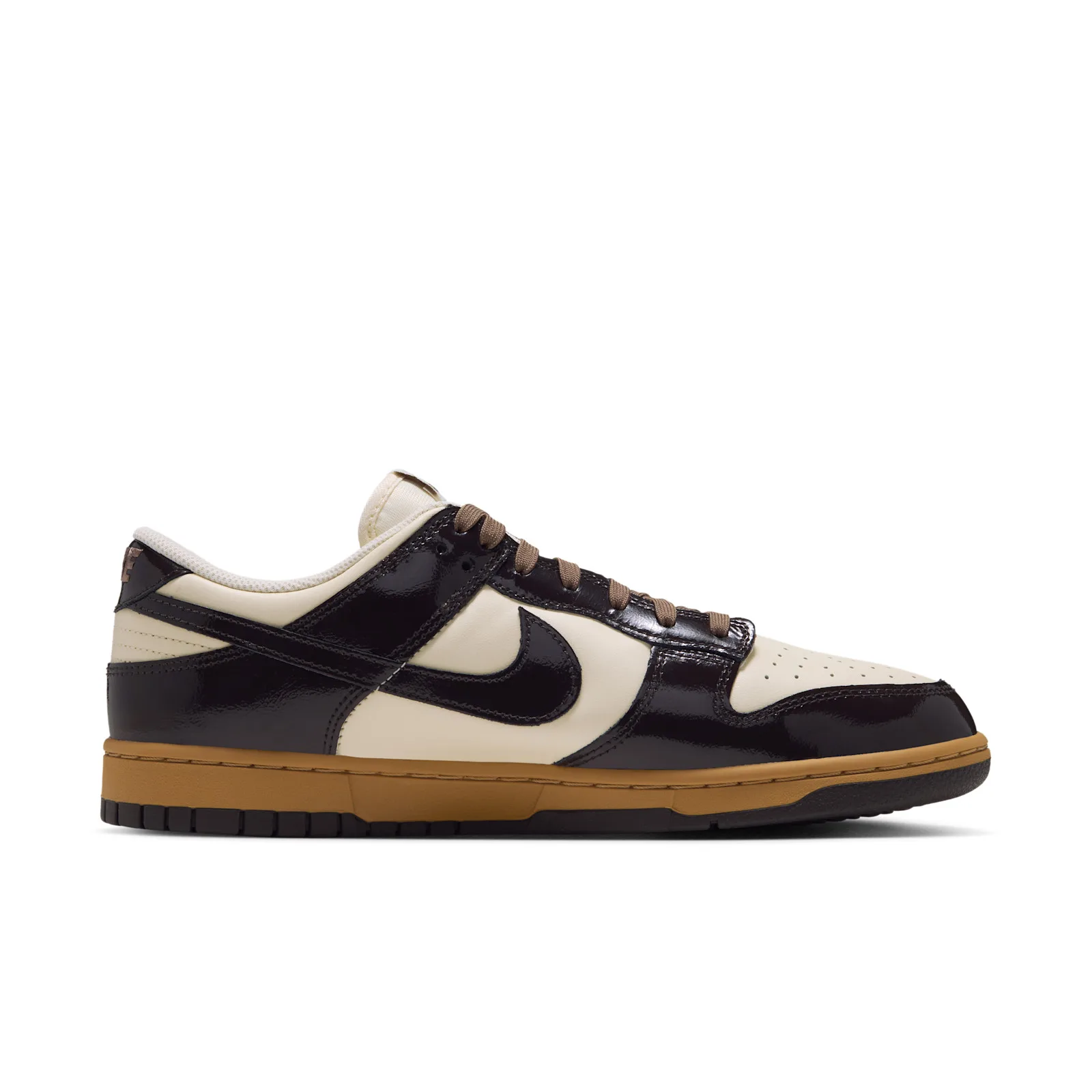 medial view, dark brown patent panels crossing cream upper, gum sole, Shadow Brown