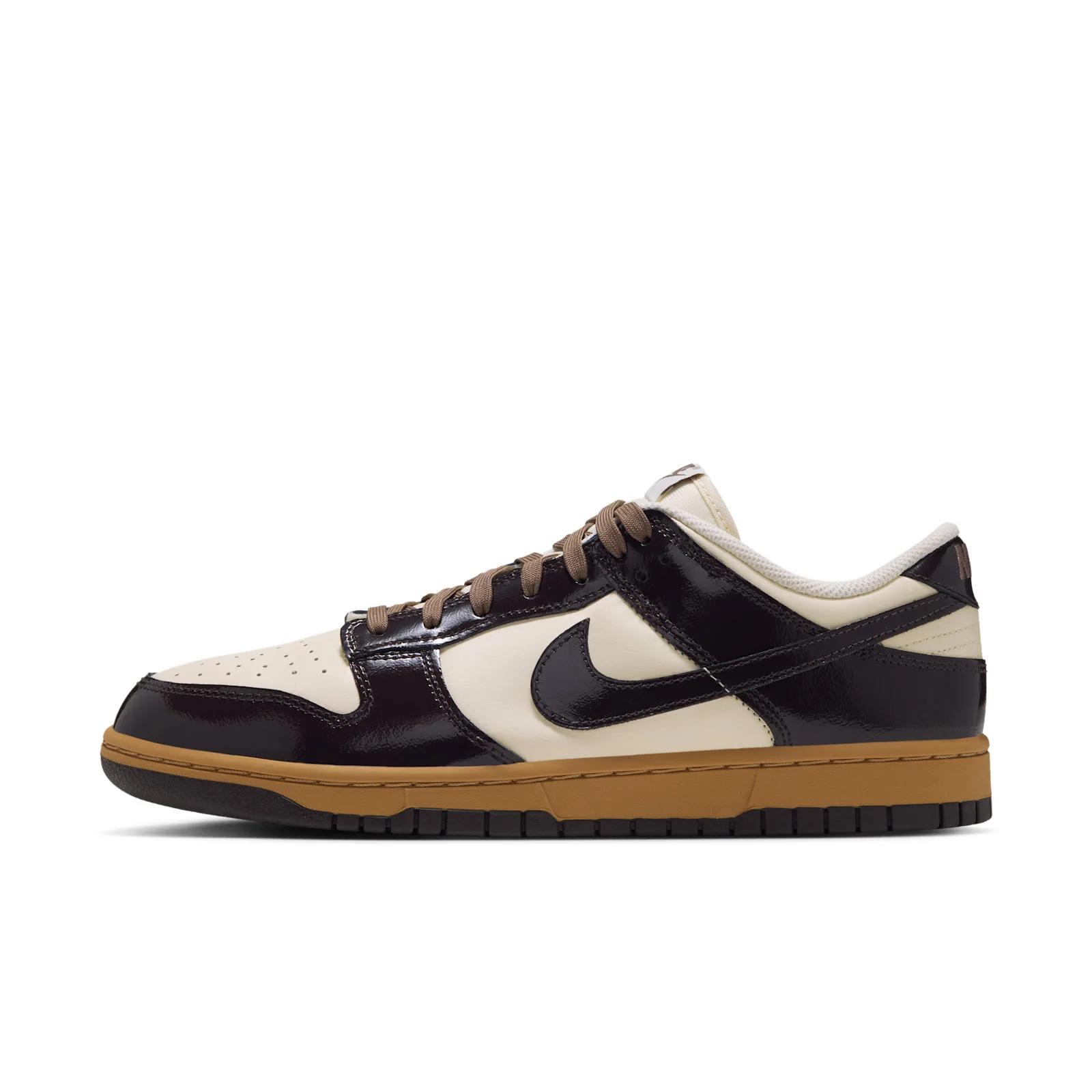 lateral view, cream and dark brown patent panels with gum sole, Shadow Brown