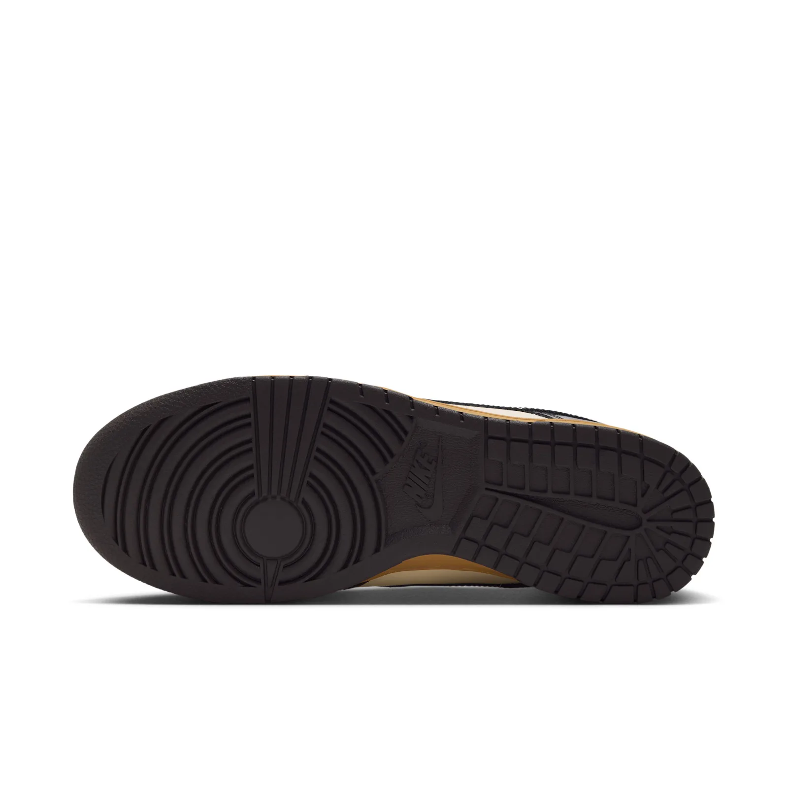 close-up heel detail, glossy dark brown patent leather and gum sole, Shadow Brown