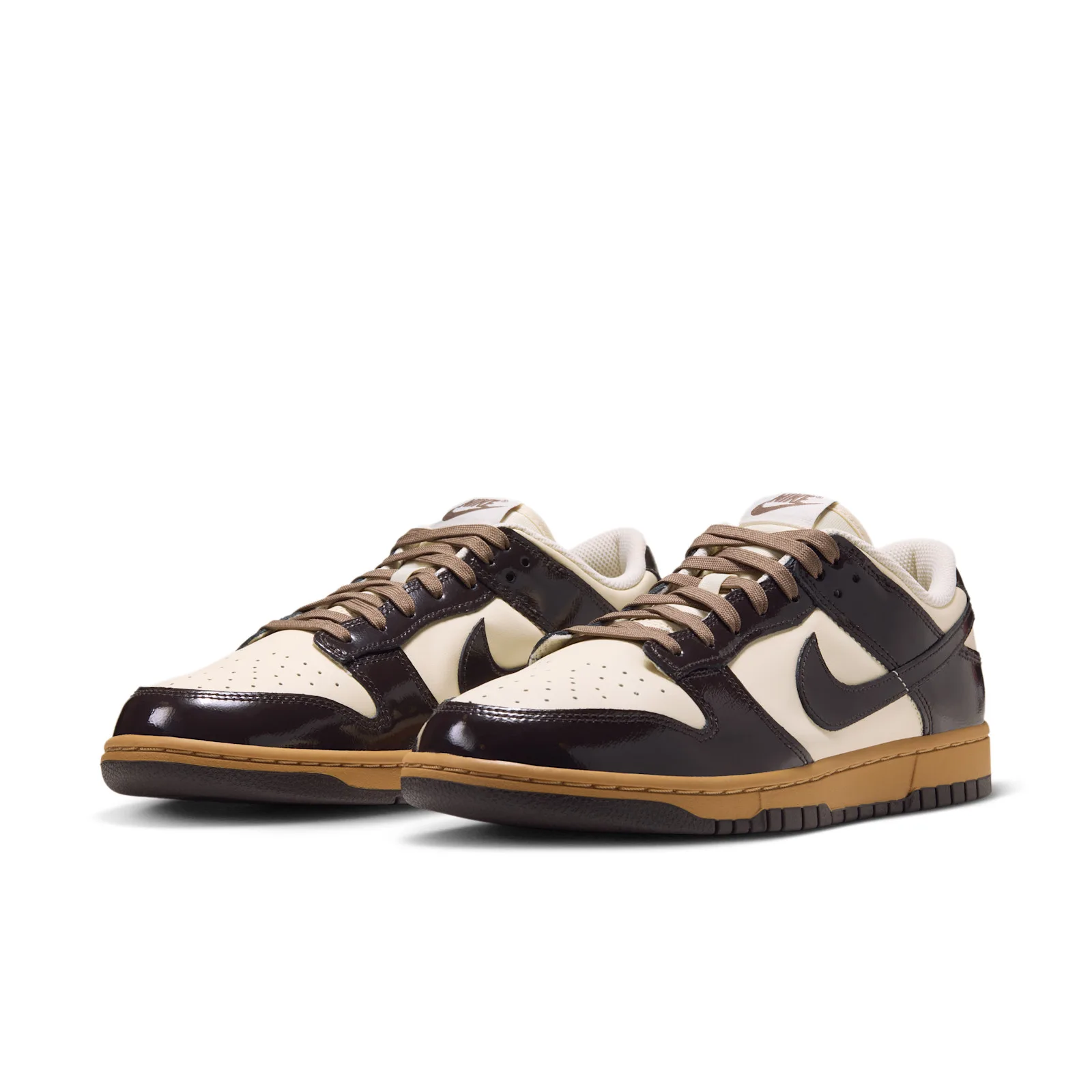 pair from front angle, cream and dark brown patent uppers, gum soles, Shadow Brown