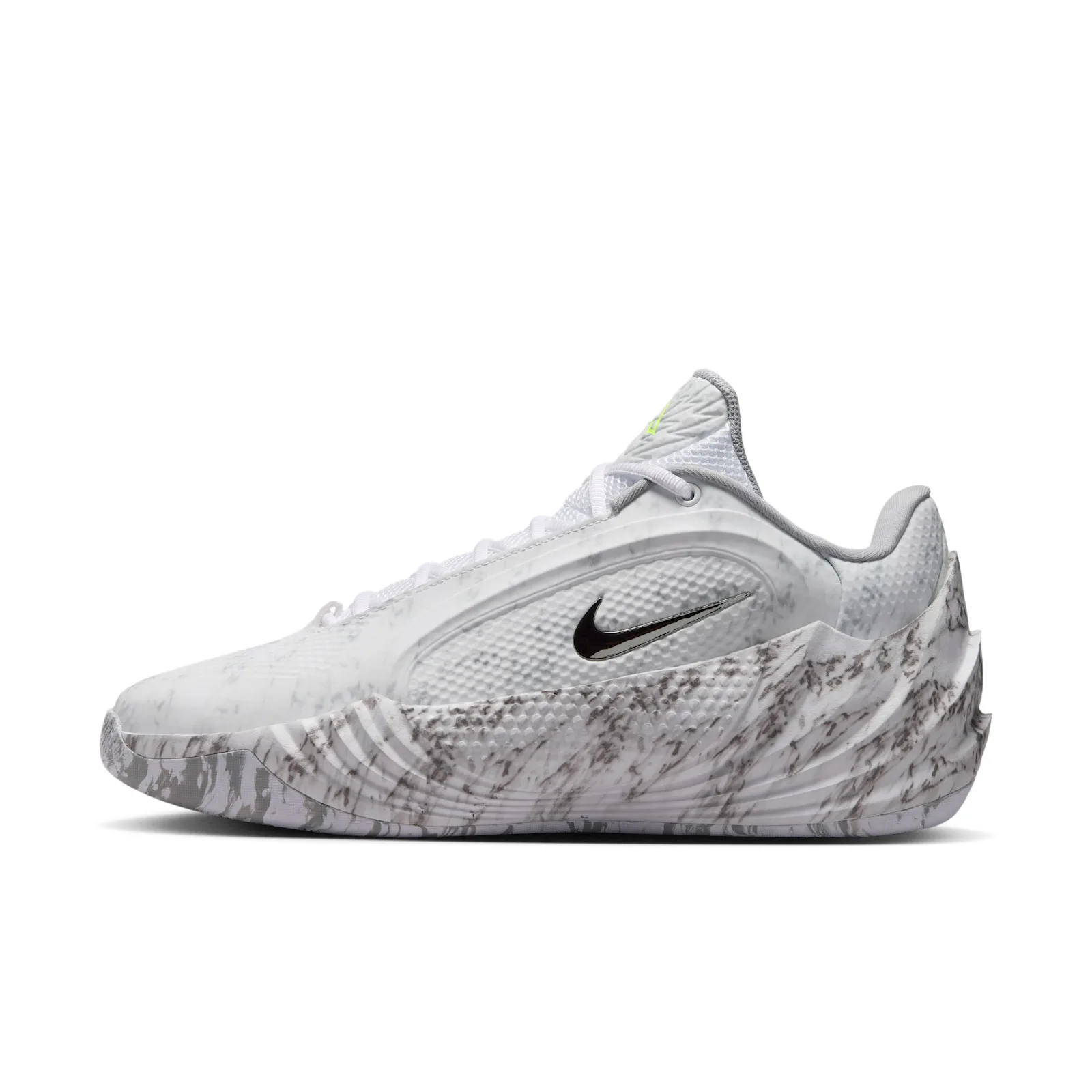 Close lateral view, marble midsole swirls and chrome Nike swoosh on toe box, Etched in Stone