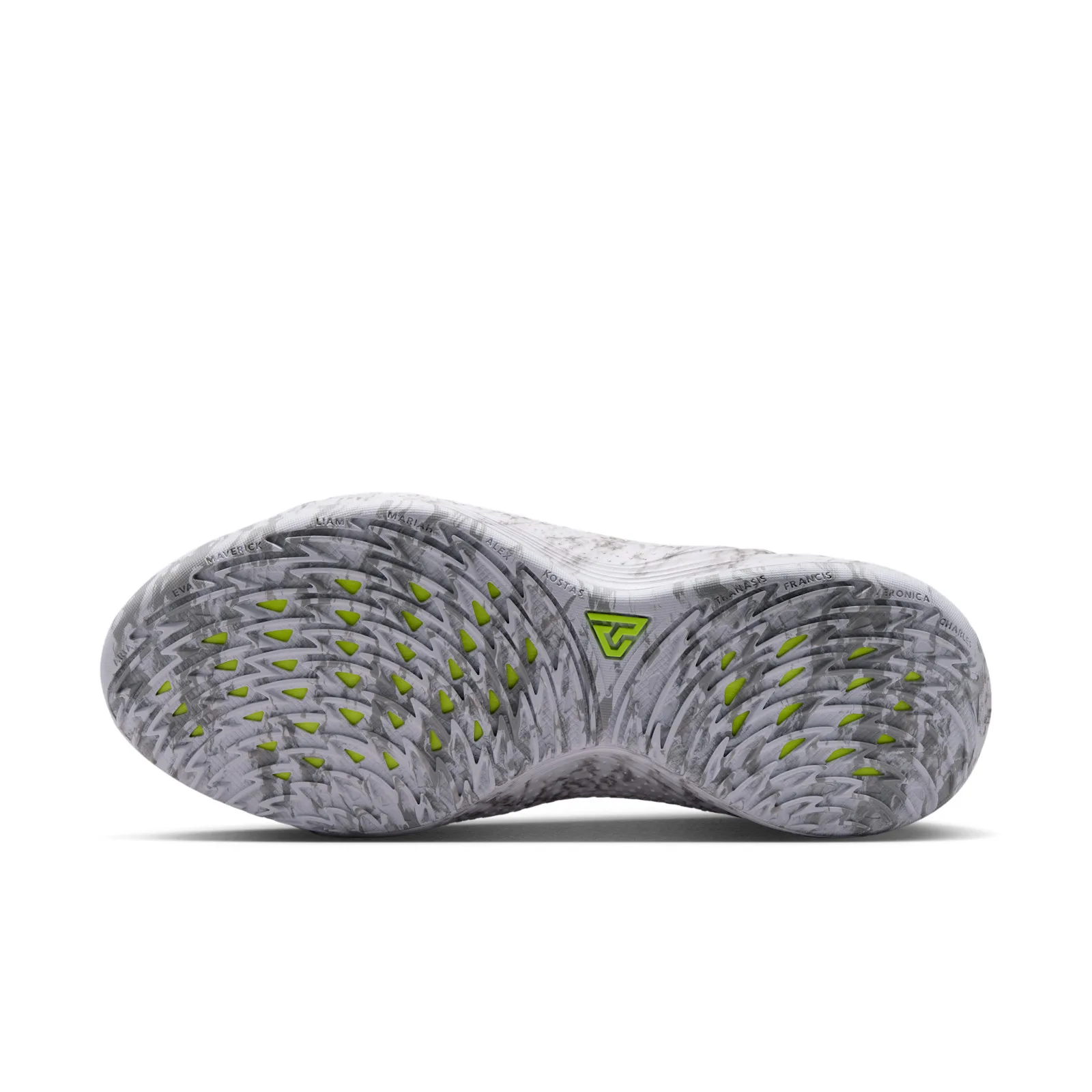 Outsole view, volt Freak triangle logo and etched names across marbled tread, Etched in Stone