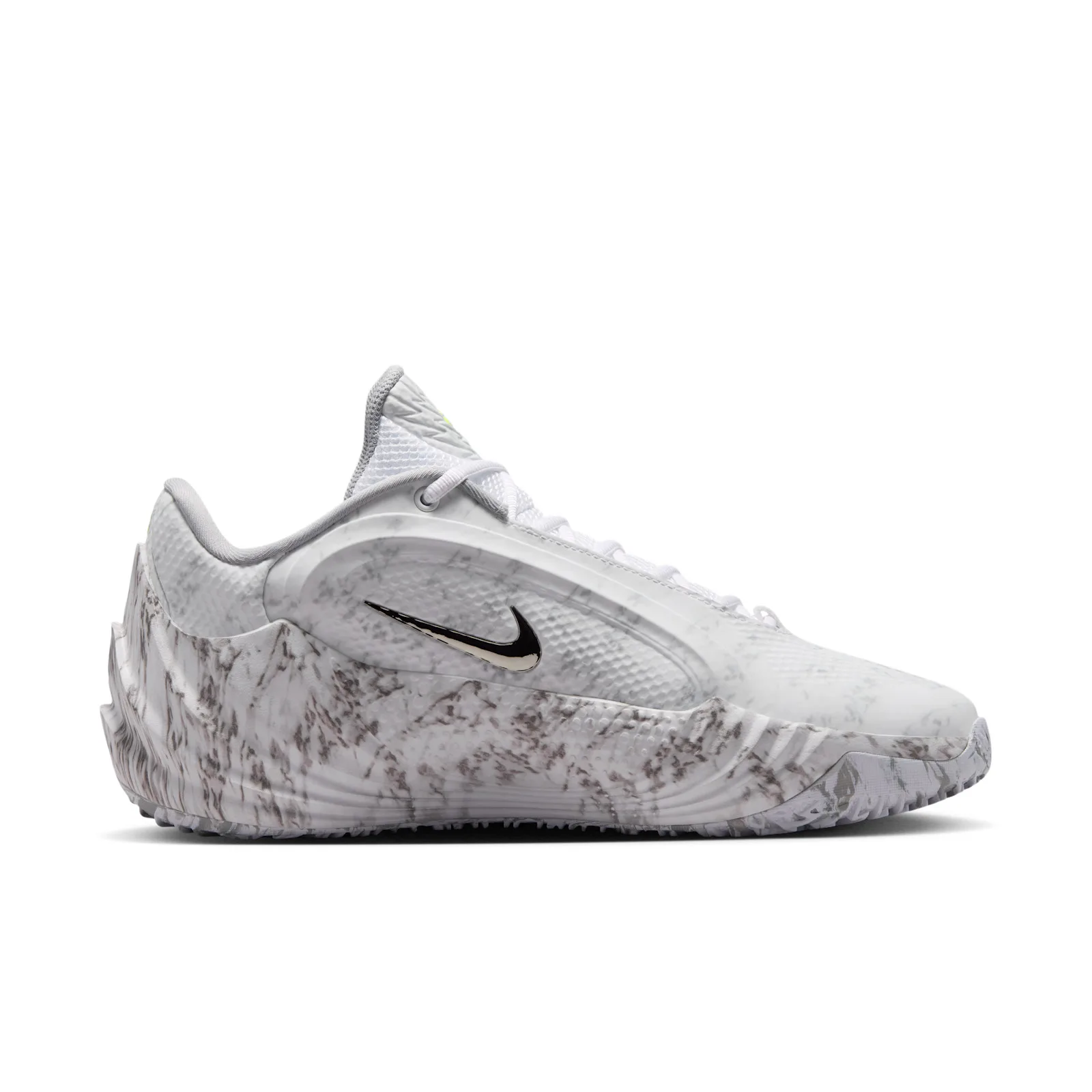 Toe-angled lateral view, marbled sole waves and chrome swoosh above laces, Etched in Stone