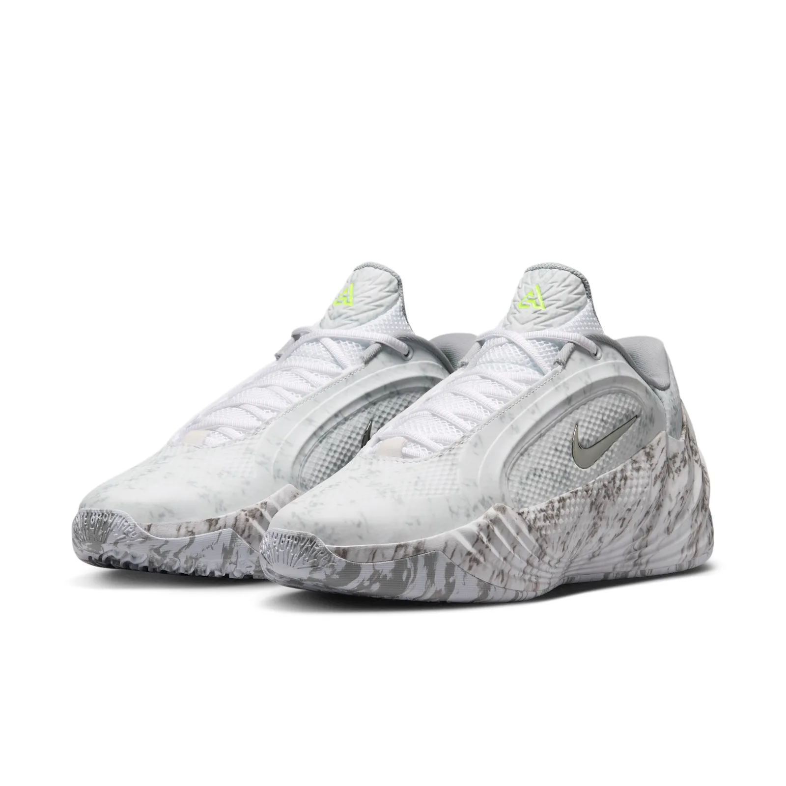 Three-quarter pair view, volt tongue logo tags and marbled grey outsoles, Etched in Stone
