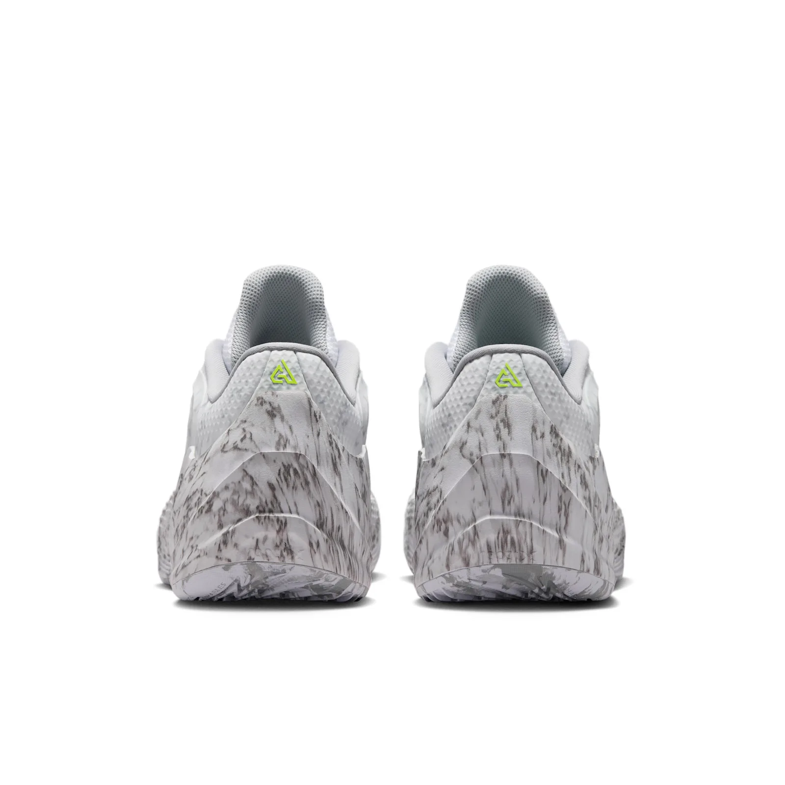 Heel view of pair, volt triangle logo above marbled grey heel counters, Etched in Stone