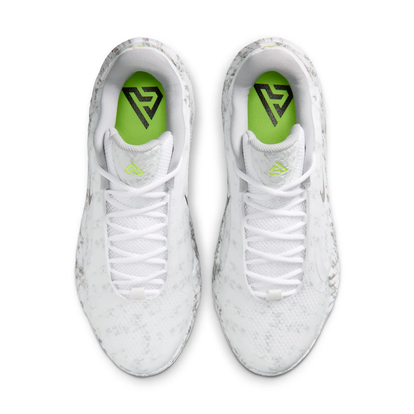 Top-down pair view, volt insoles with dark logo graphic and marbled soles, Etched in Stone