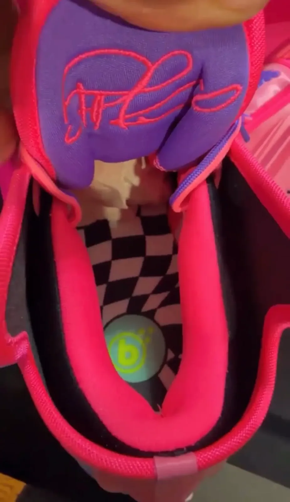 detail of tongue interior, red cursive signature embroidery, checkerboard lining, The Better Generation