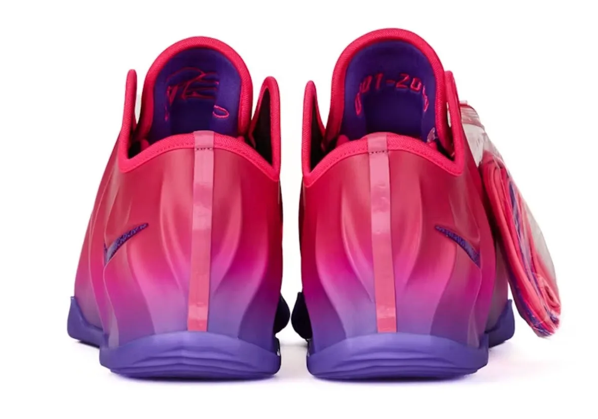 heel view of pair, purple tongue tops with red '001-200' embroidery, gradient soles, The Better Generation