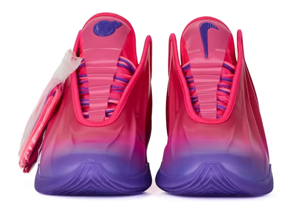 heel view of pair, pink collars with purple pull-tabs, gradient purple soles, tag attached, The Better Generation