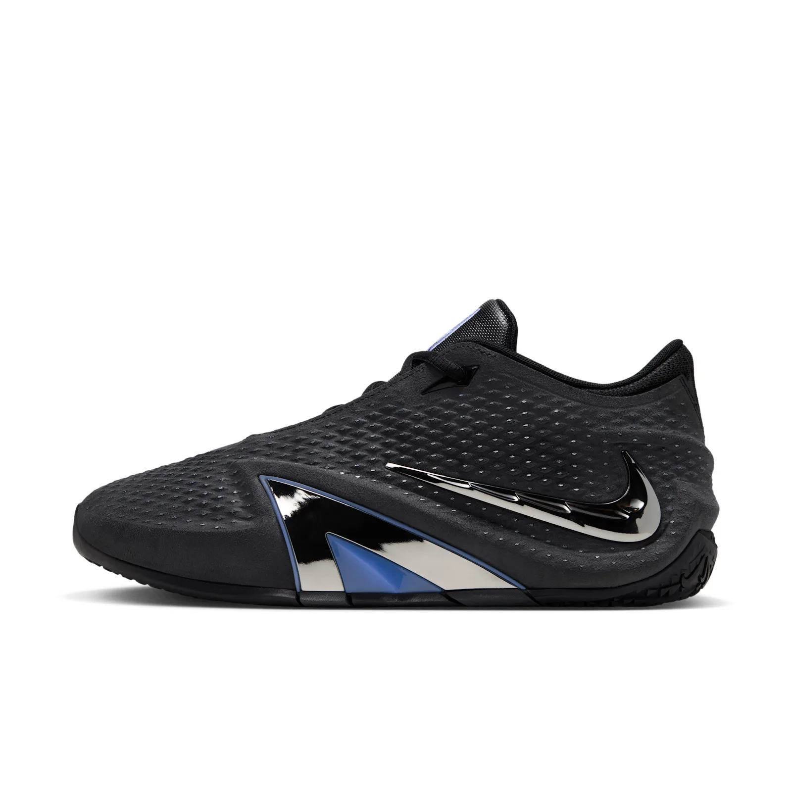 lateral view, black upper, chrome swoosh, blue and silver toe panel, Dark Mode