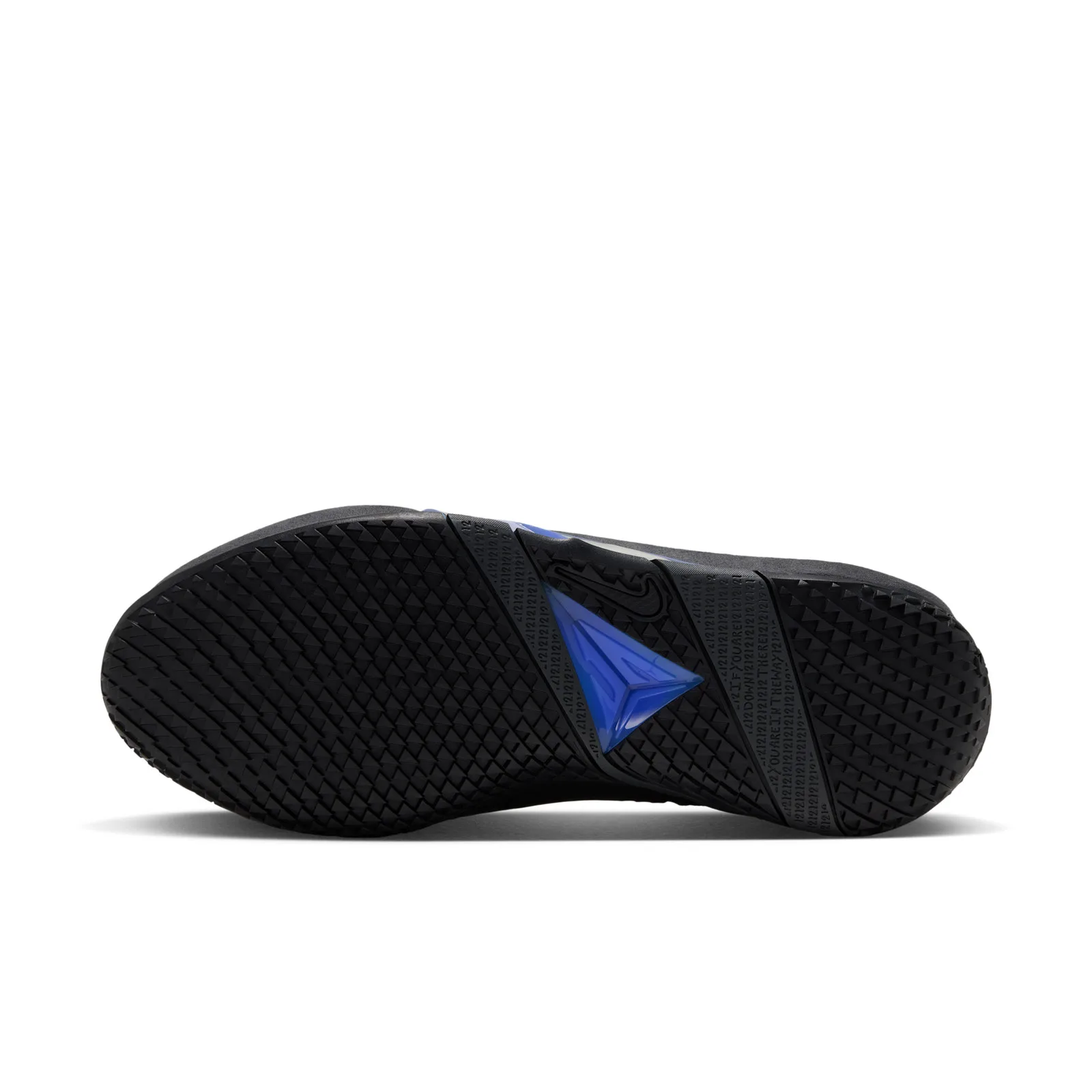 outsole view, black tread with blue triangle logo and embossed text, Dark Mode